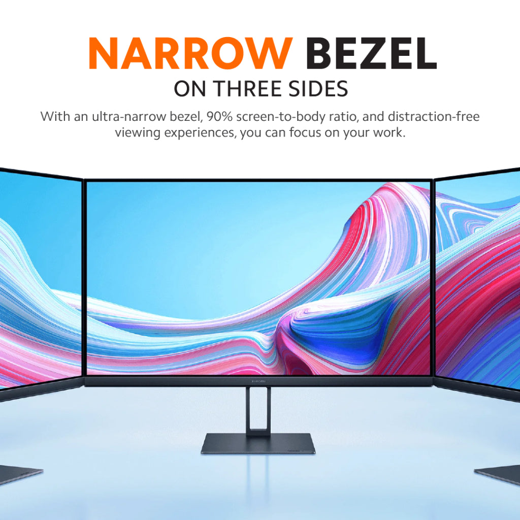 Three-panel wide-view desktop monitor concept with narrow bezels on a stand
