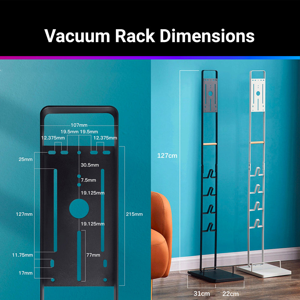 Vacuum cleaner stand with labeled dimensions and slim floor base for cordless stick vac