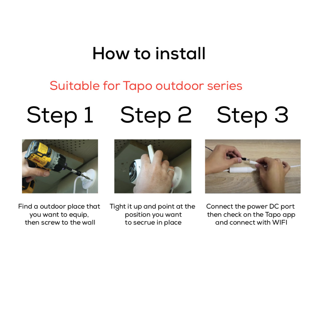 How to install: mount, power DC port, then connect WiFi in the Tapo app