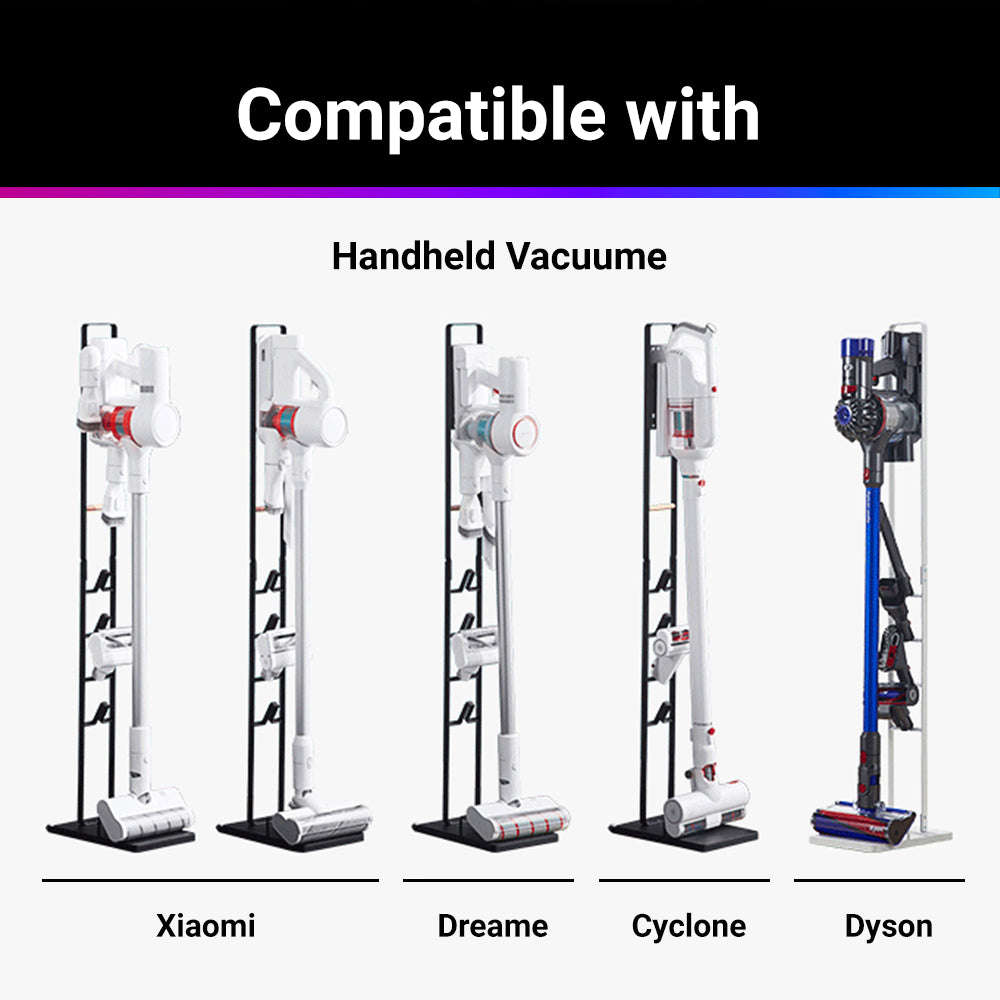 Vacuum cleaner stand showing compatible cordless vacuum models, white and black options