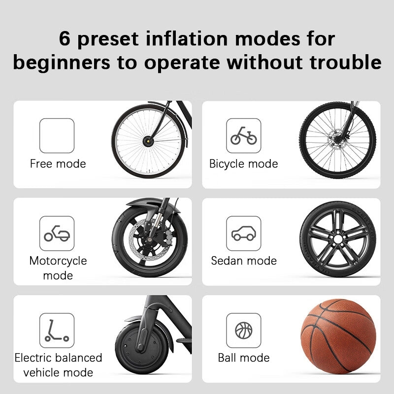 Air pump 2 with 6 preset inflation mode icons for bicycle, car, scooter, ball