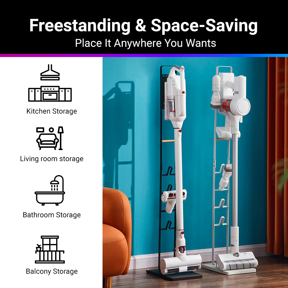 Freestanding vacuum cleaner stand with vertical holders, white storage stand for cordless vac