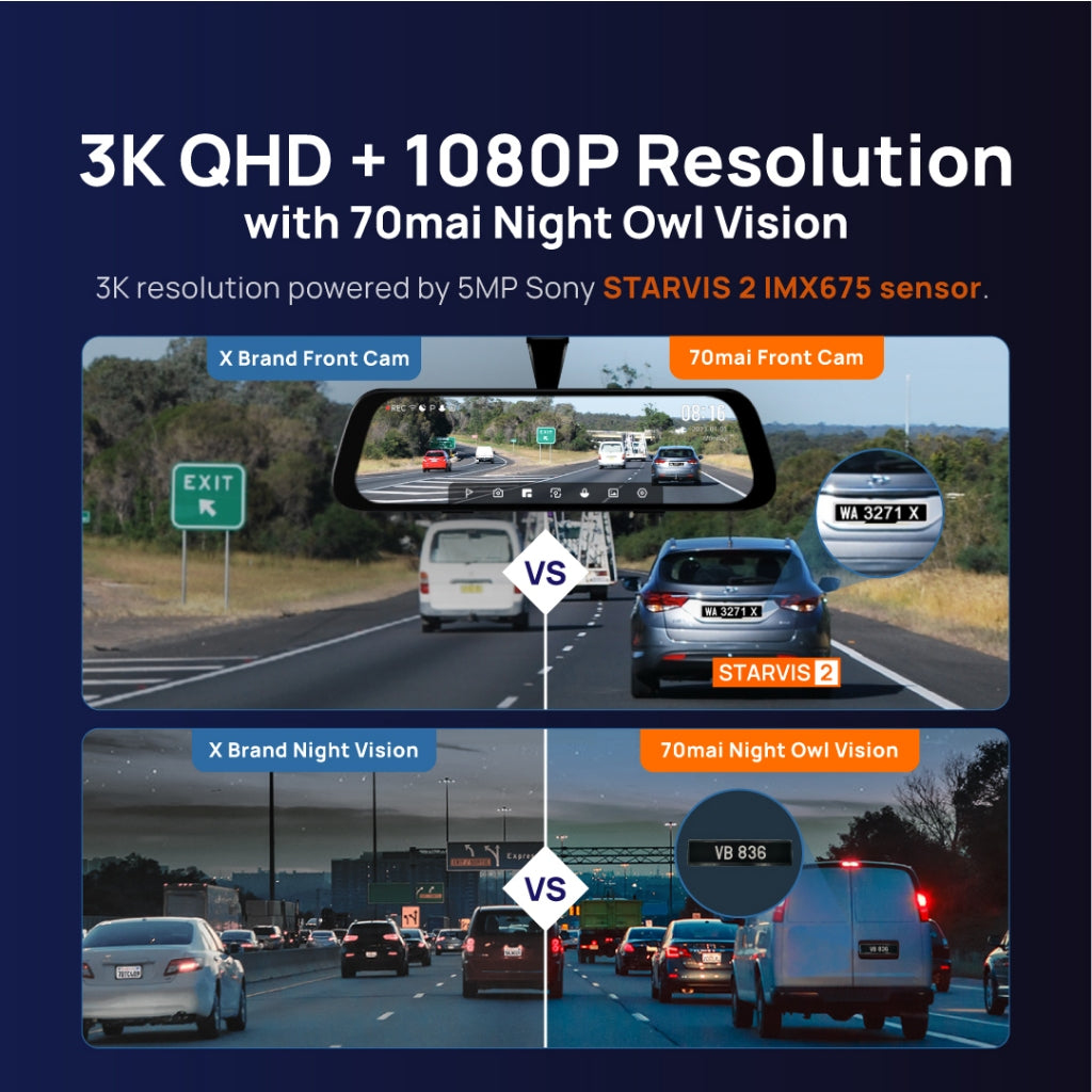 70mai S500 Rearview Mirror Dash Cam with RC13 Reverse Camera