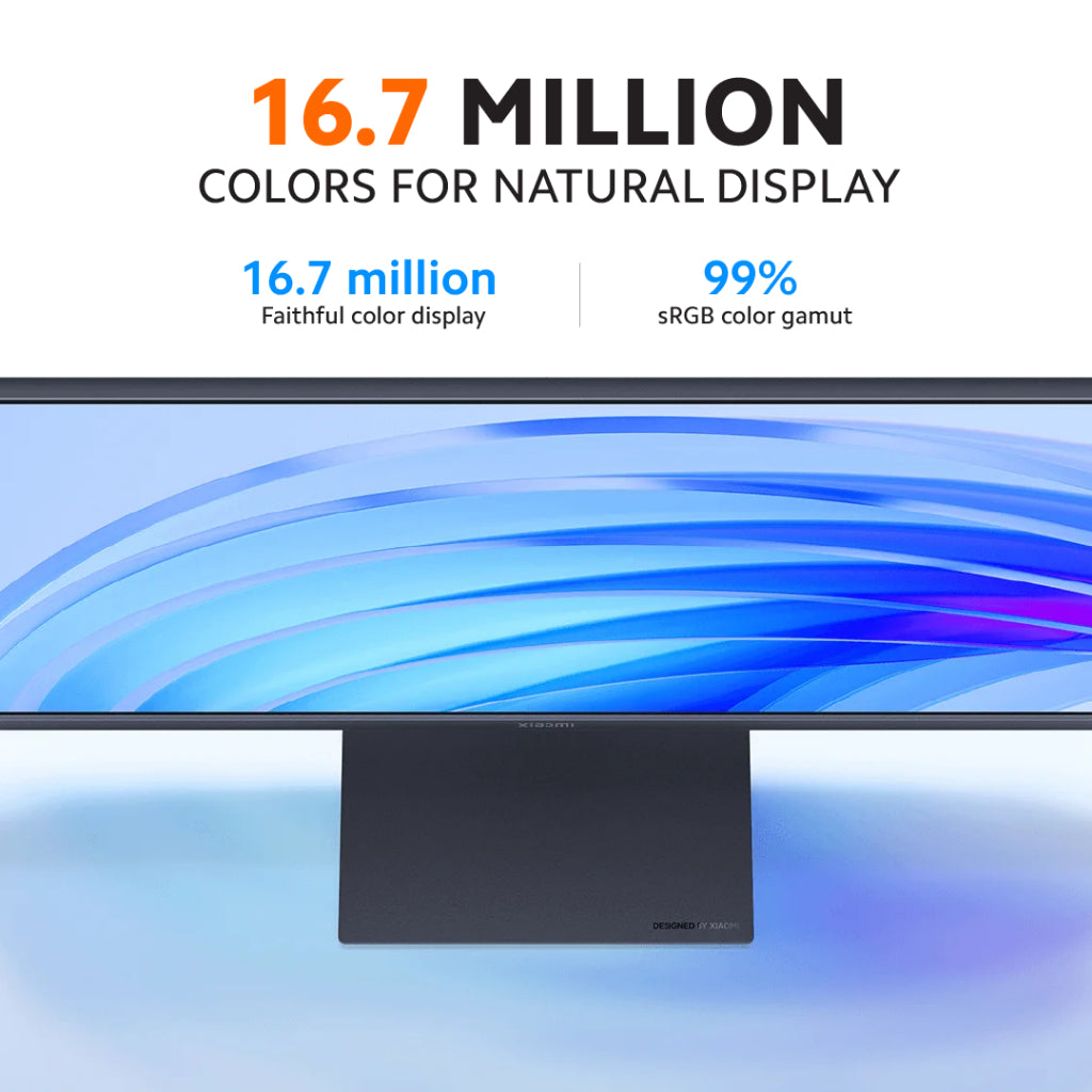 Black desktop monitor with slim bezels and base, displaying bright blue color waves