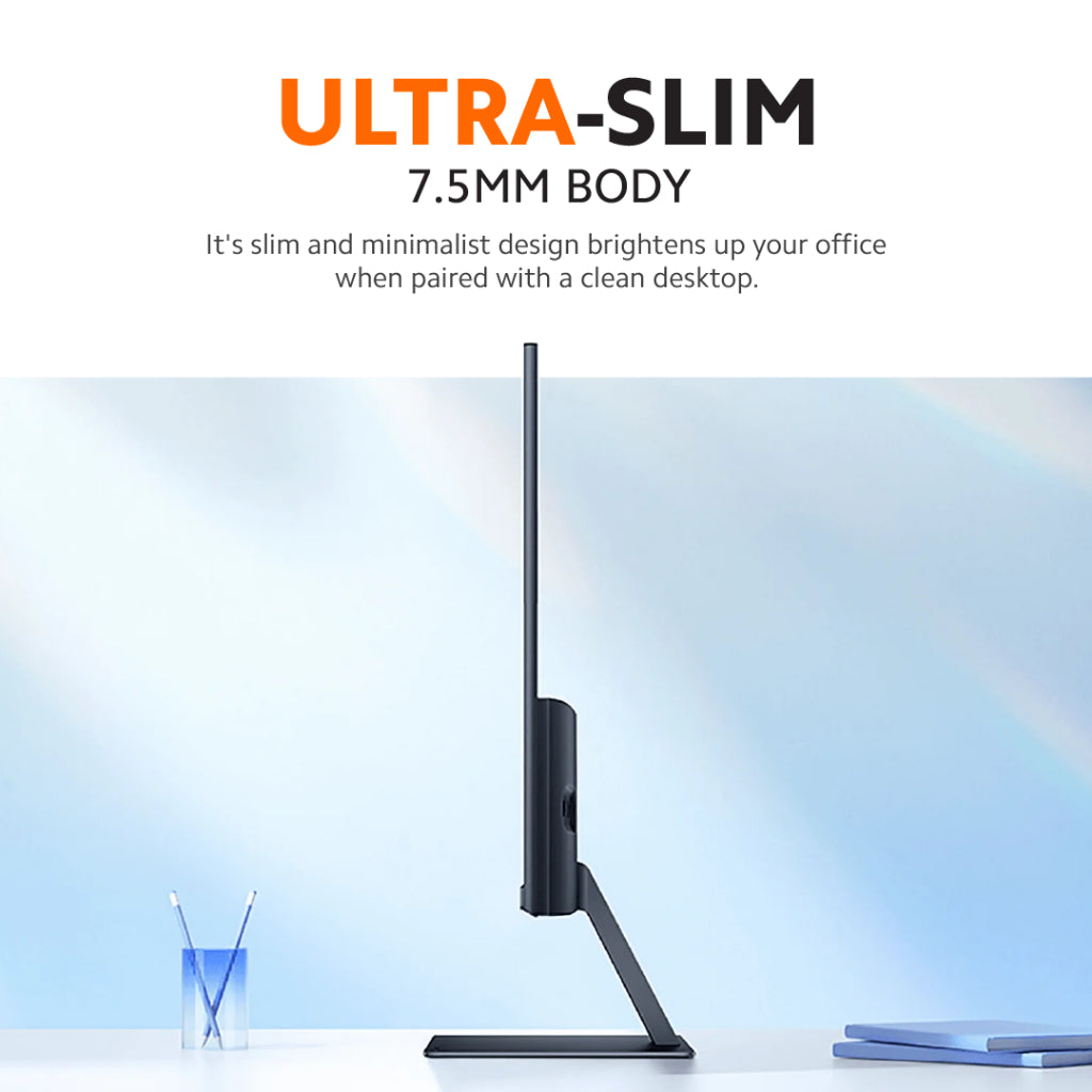 Ultra-slim black desktop monitor standing profile with narrow frame and base