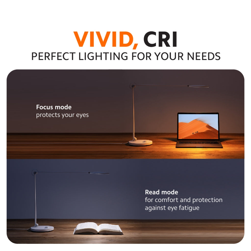 LED desk lamp with round base and adjustable arm, providing warm task light