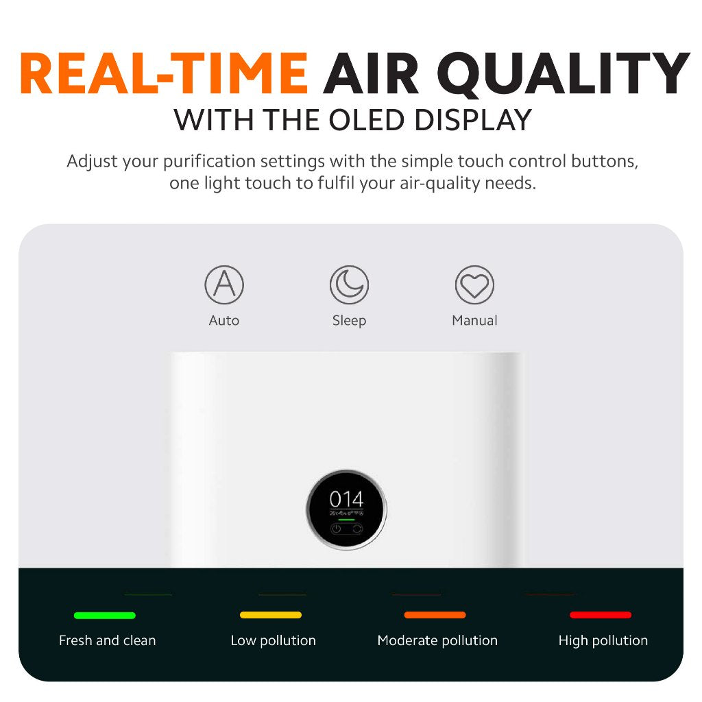 White air purifier front with circular OLED display and touch-mode icons.