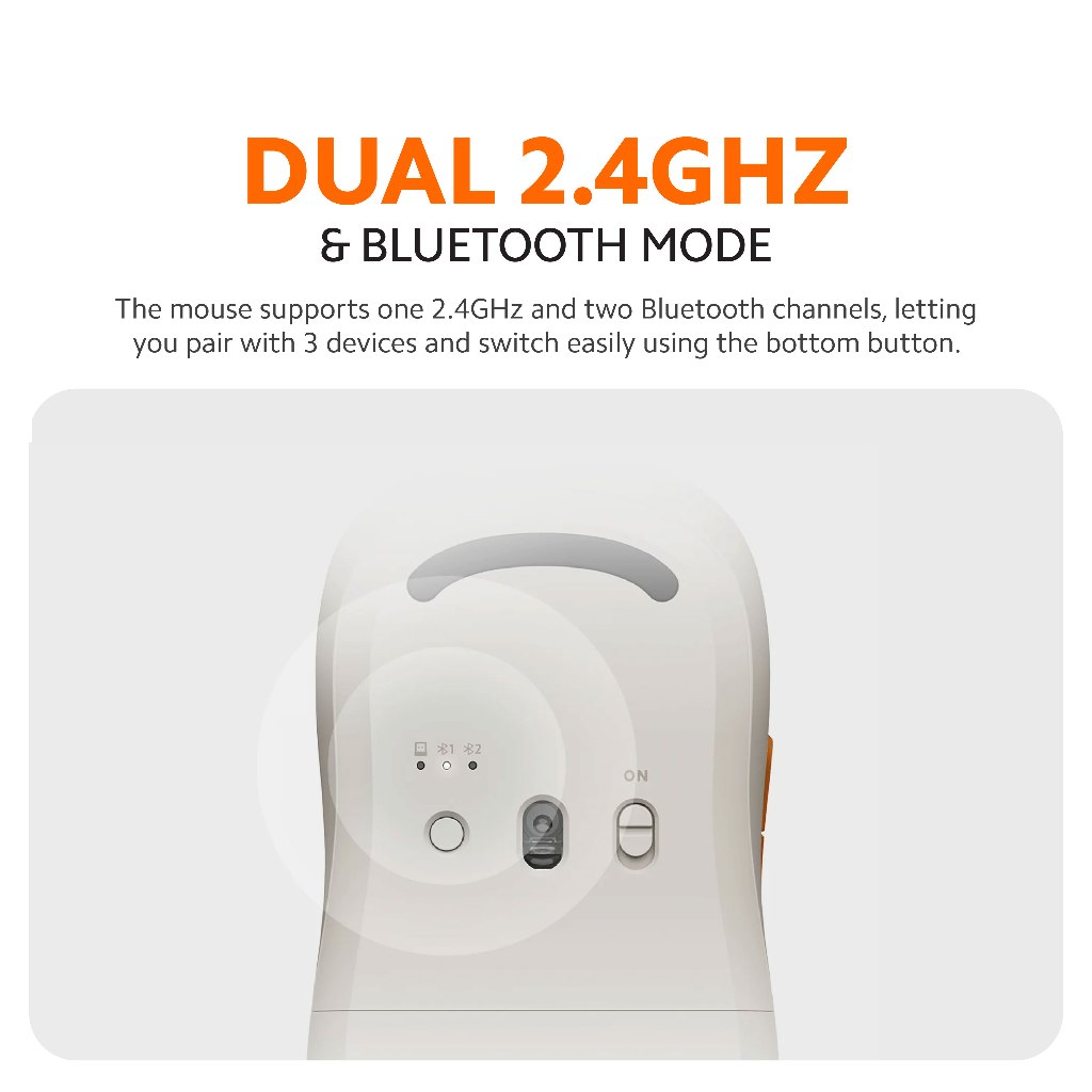 Off-white wireless mouse rear view with buttons and scroll wheel