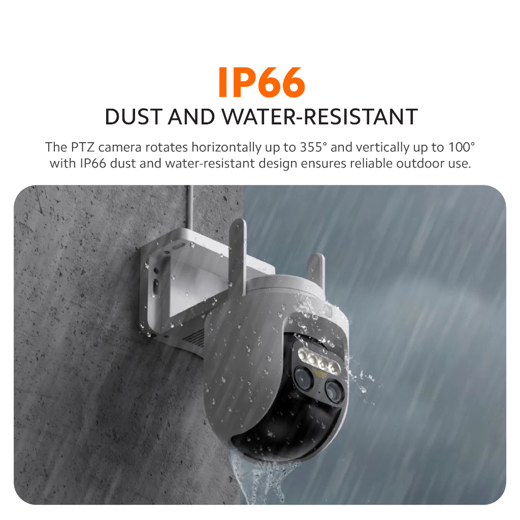 Outdoor security camera with white mount in rain, IP66 dust and water resistant
