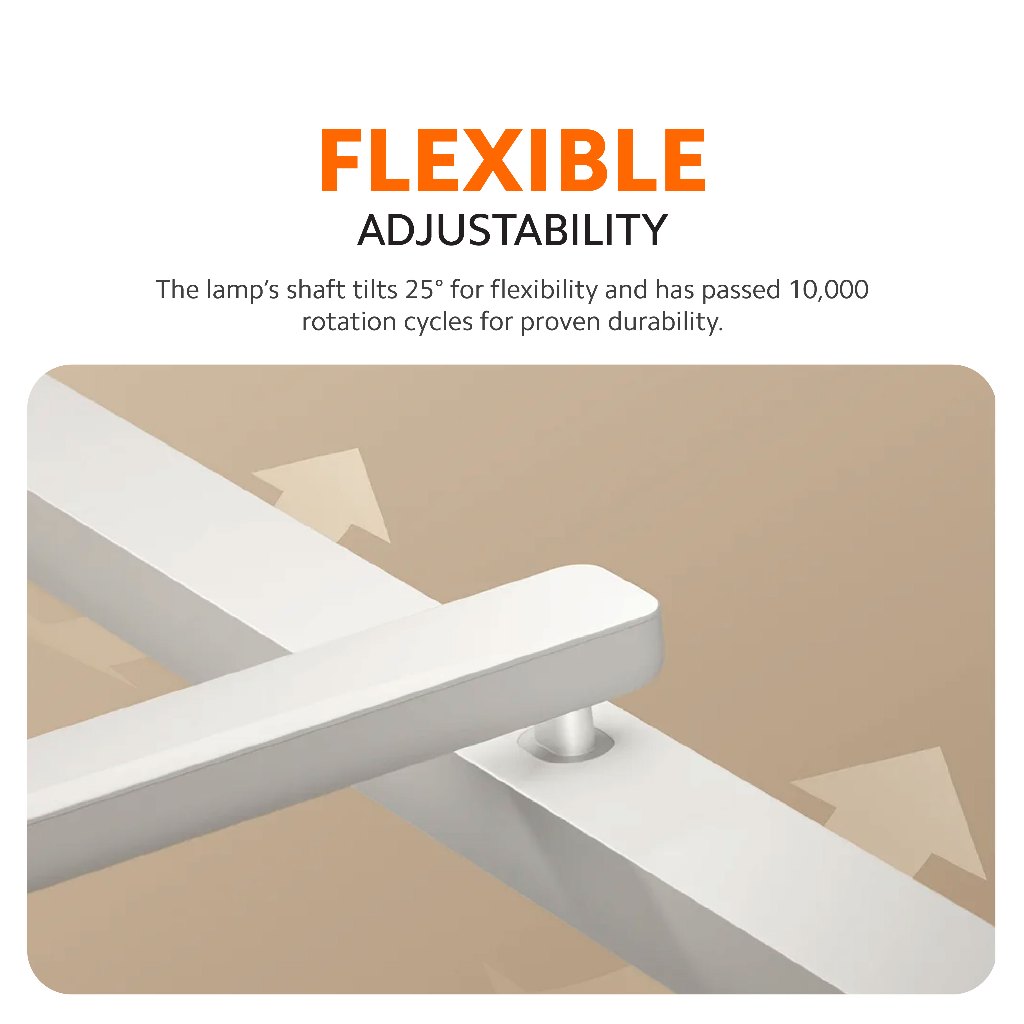 White LED desk lamp with flexible 25° tilting light arm and base.