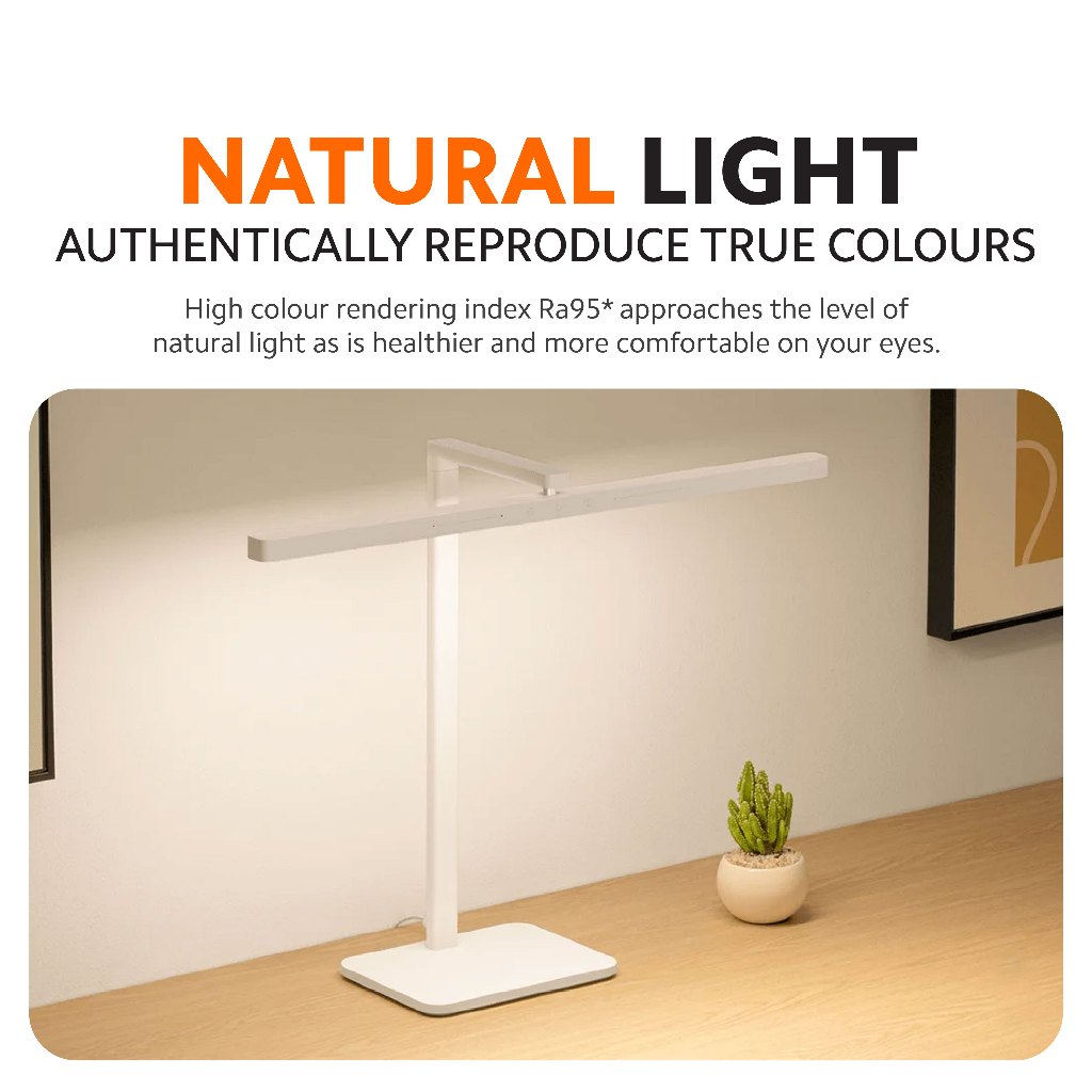 White LED desk lamp with long head for natural, true-color lighting.