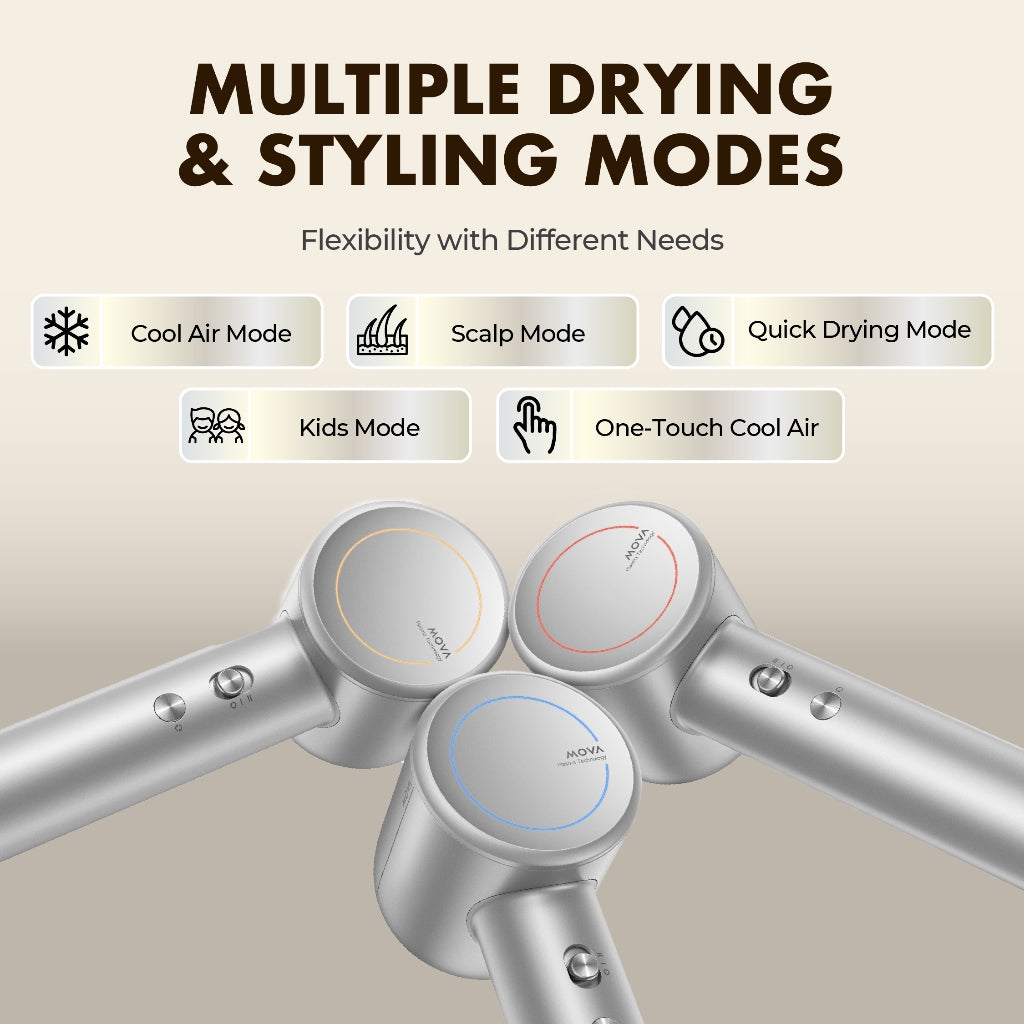 Silver high-speed hair dryer handle with mode dial and control buttons