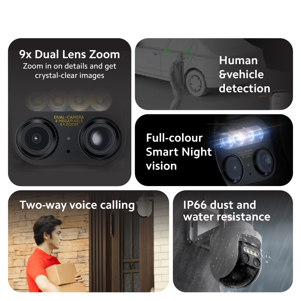 Outdoor security camera feature collage showing dual lenses and smart night vision