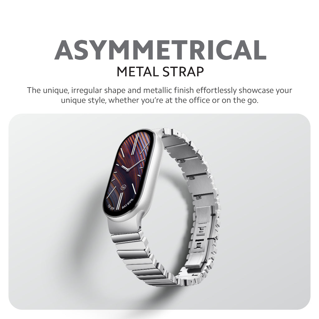Xiaomi Smart Band 10 asymmetrical metal strap in silver with segmented links.