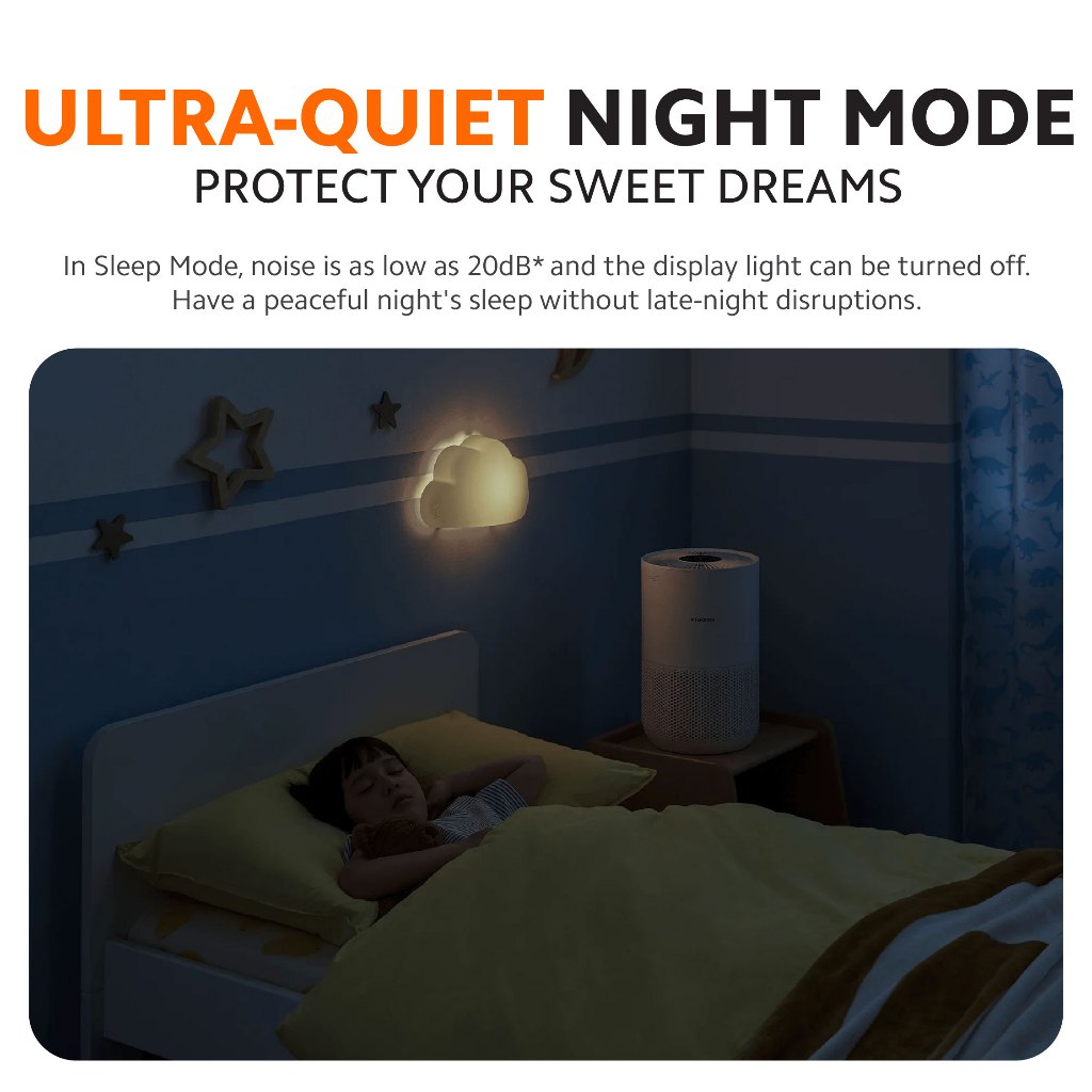White compact air purifier on bedside table, shown for sleep mode use.