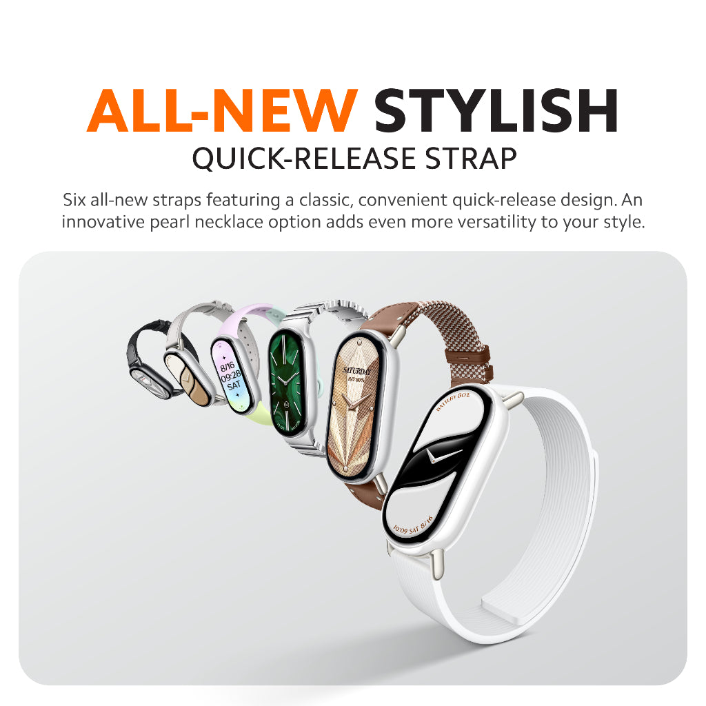 Xiaomi Smart Band 10 strap set with quick-release design in multiple styles and colors.