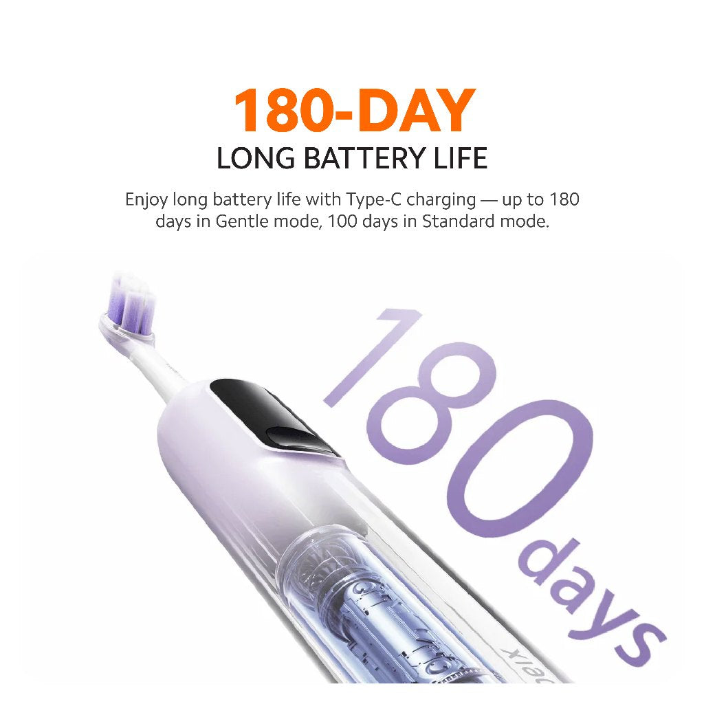 Purple electric toothbrush with transparent battery compartment and bristle head