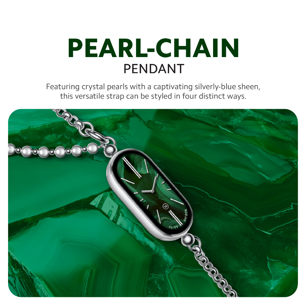 Xiaomi Smart Band 10 pearl-chain pendant strap with silver chain and green face.