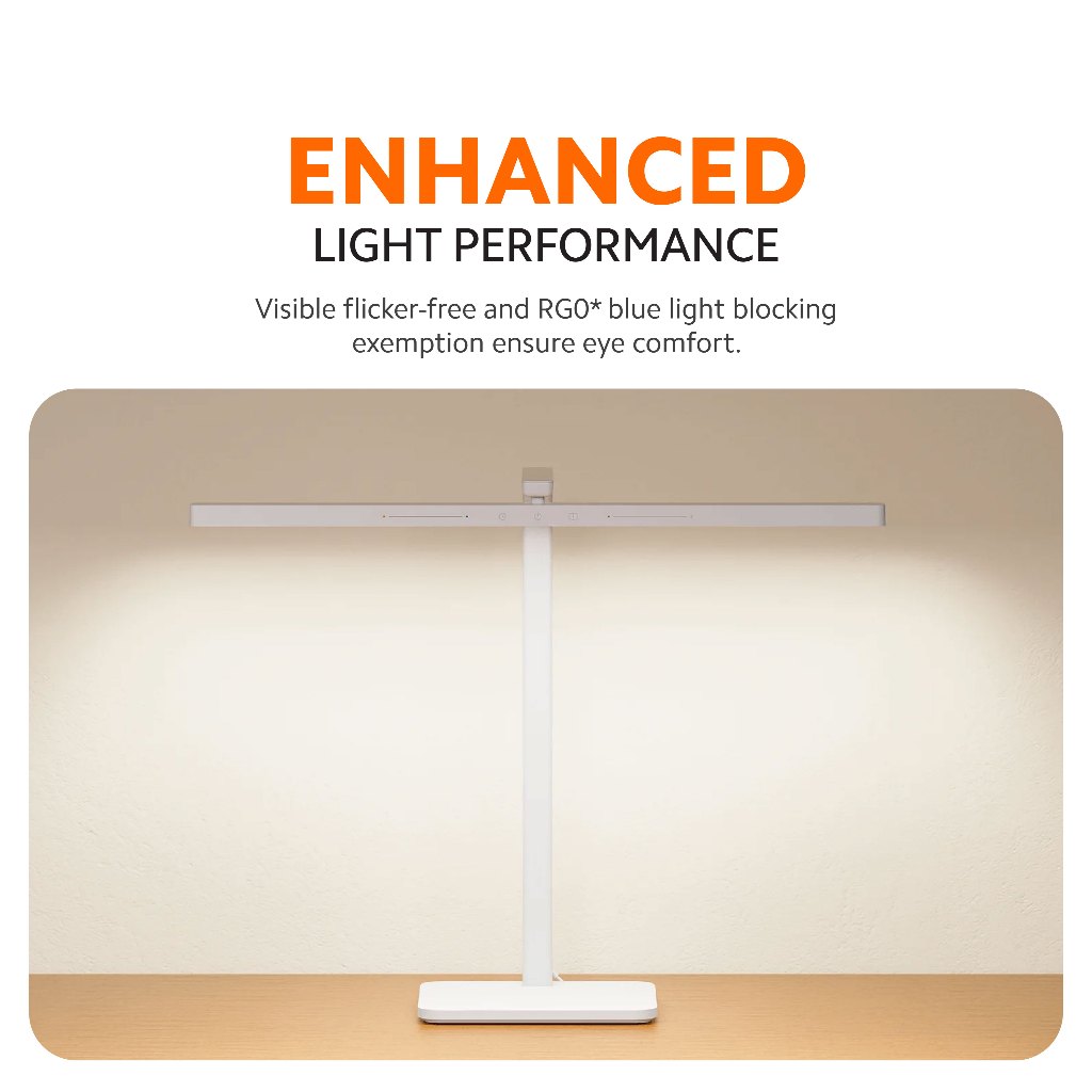 White LED desk lamp with slim light bar and adjustable upright stand.