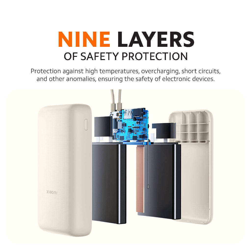 Power bank with internal safety circuitry shown, compact tan case