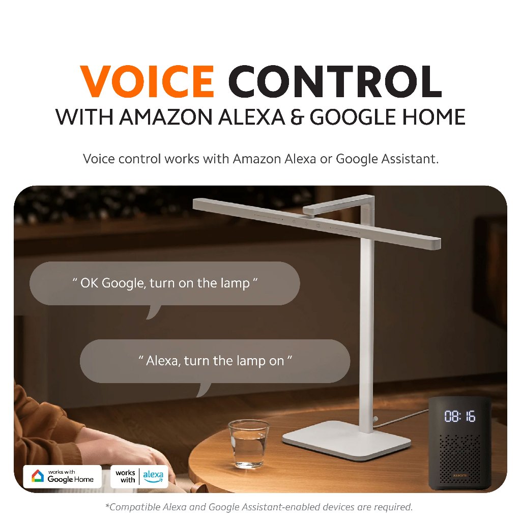White LED desk lamp with voice control via Amazon Alexa and Google Assistant.
