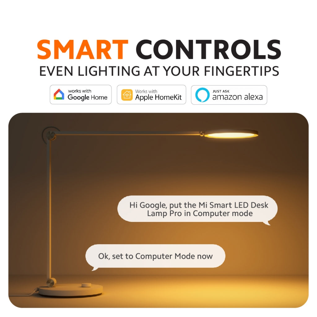 Smart LED desk lamp with adjustable arm, shown in warm-lit controls infographic