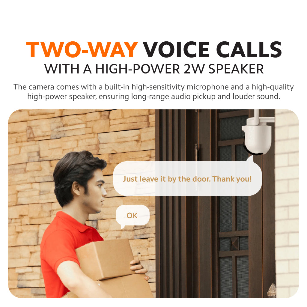 Outdoor security camera two-way voice call banner with door delivery and speaker icon