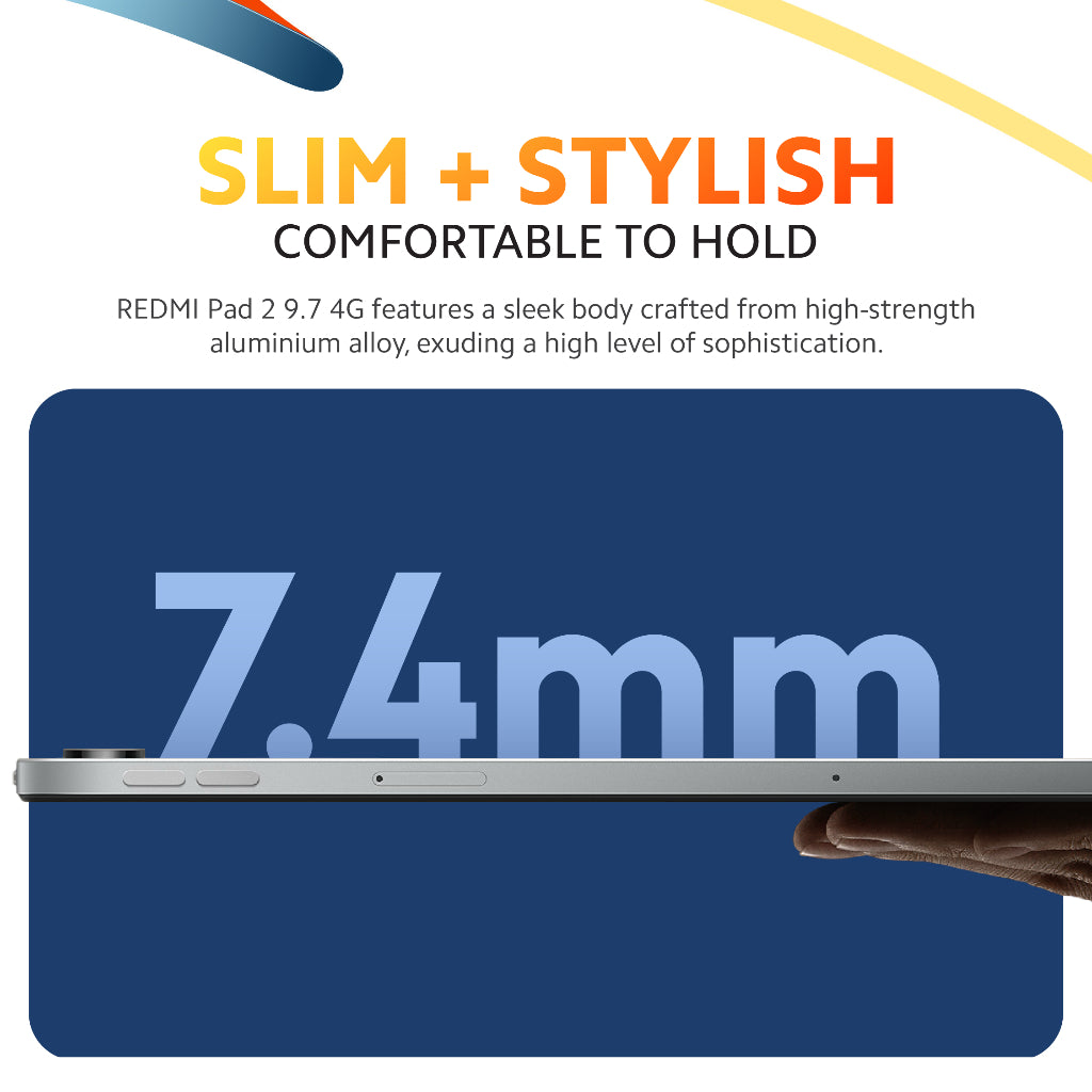 REDMI Pad 2 tablet side view with hand holding the thin frame