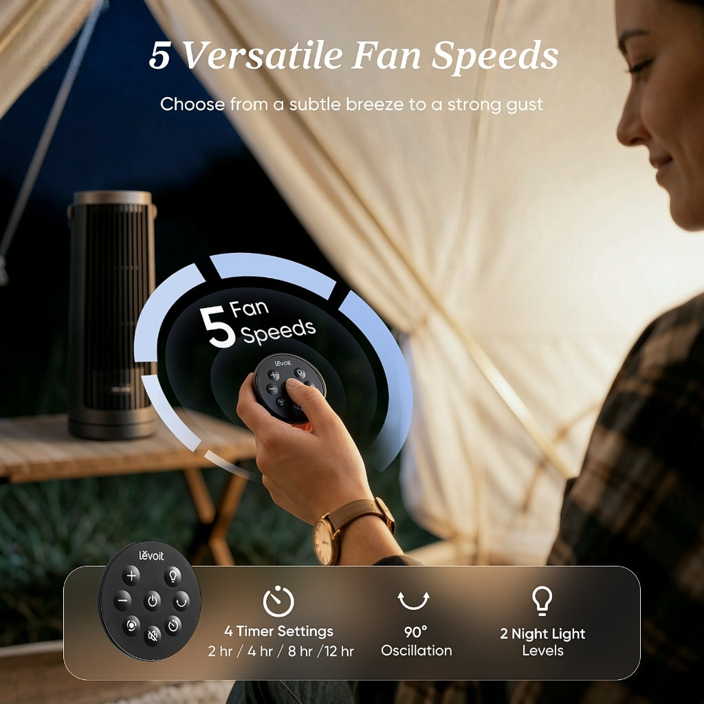 Black tower fan with circular control dial and button panel