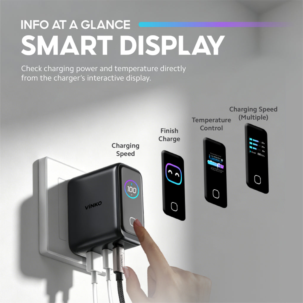 VINKO KN-2D 100W 3-Port GaN Charger with Smart Display