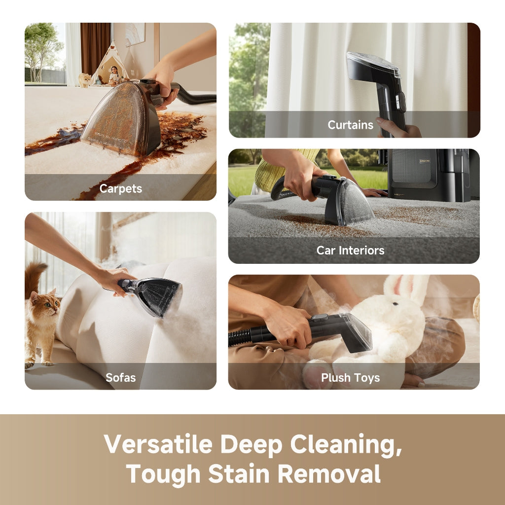 Portable steam spot cleaner shown during carpet and furniture cleaning use