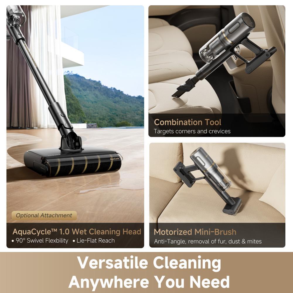 Cordless stick vacuum with wet-cleaning head and corner tool attachments