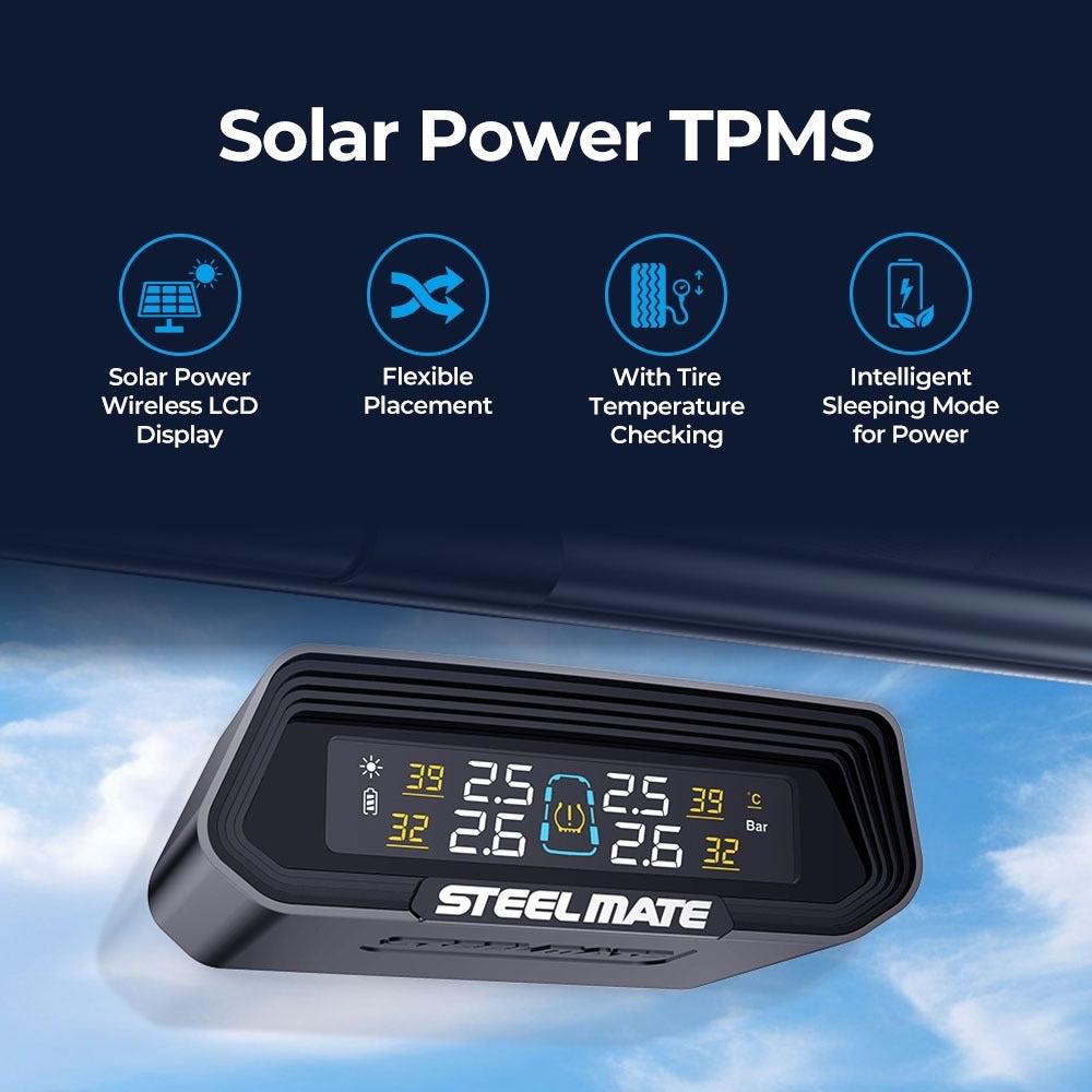 Solar TPMS display monitor with blue backlit tire pressure and temperature digits, black body