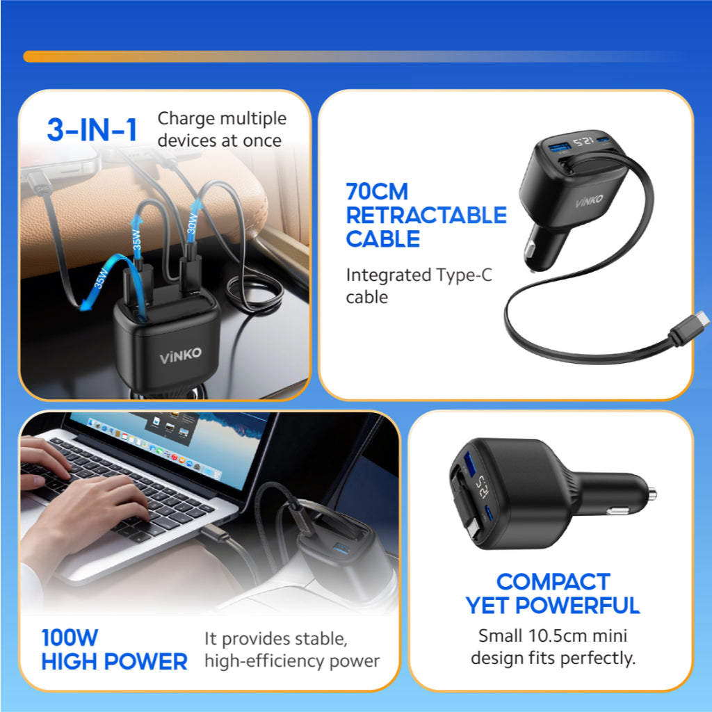 VINKO KV-1 100W Car Charger with Built-in USB-C Cable