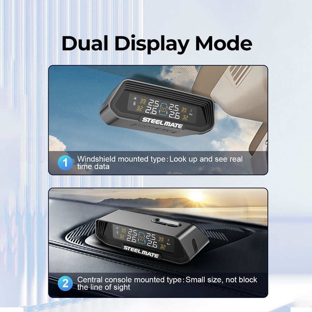 Solar TPMS monitor with dual display screen on dashboard, black and gray body