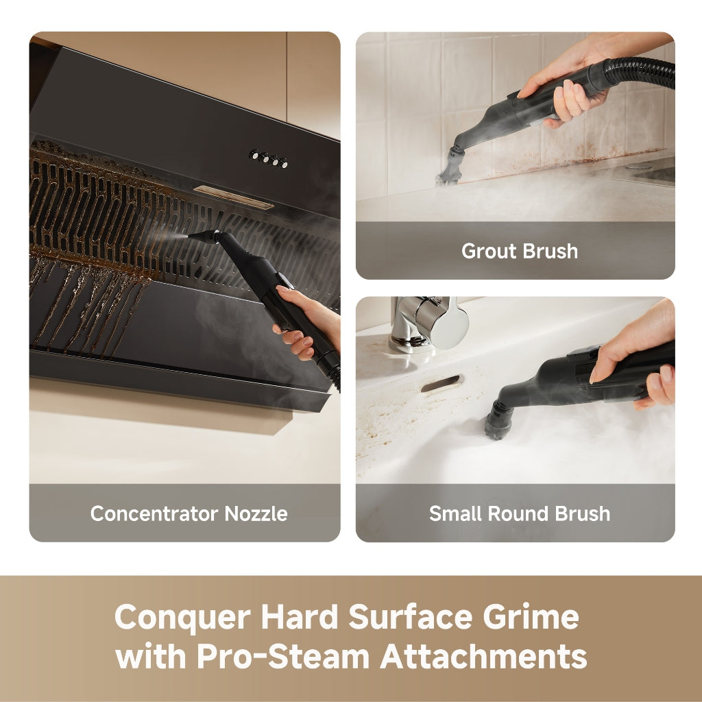 Steam spot cleaner with pro-steam attachments: nozzle and small round brush