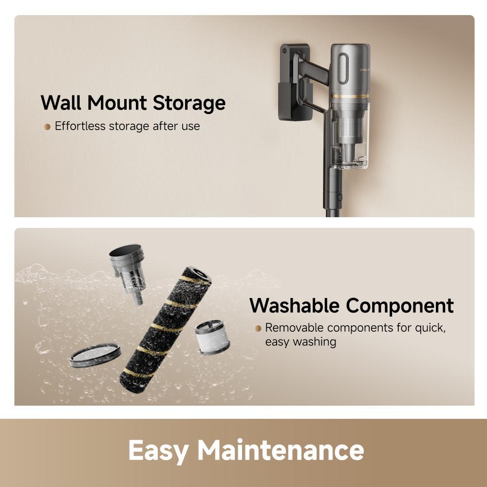 Wall-mounted cordless stick vacuum with removable washable components