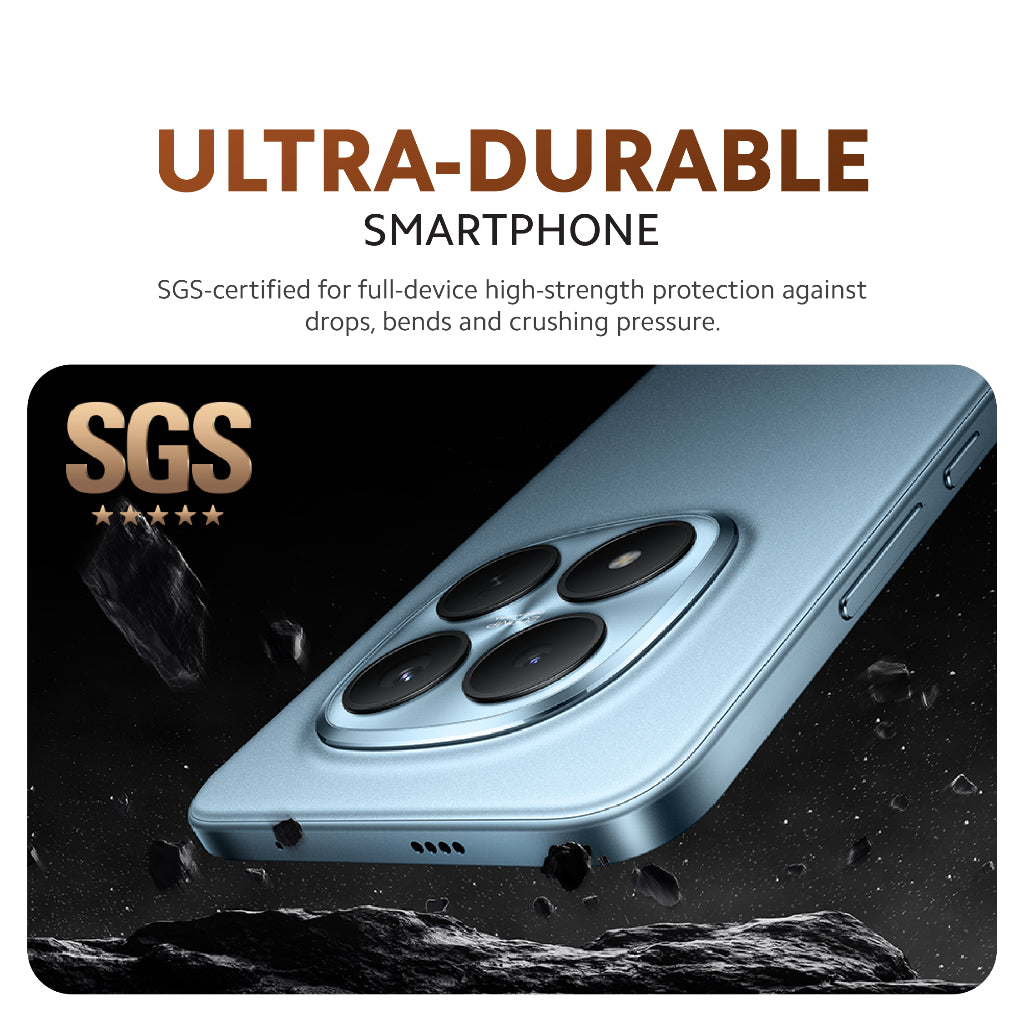 Smartphone back with quad cameras and impact-protection shield graphic
