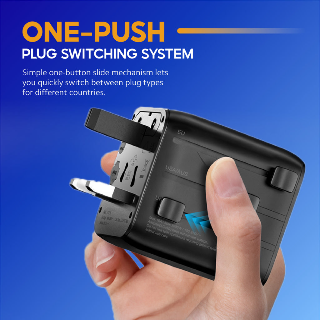 Universal one-push plug switch travel adapter in hand with sliding connector