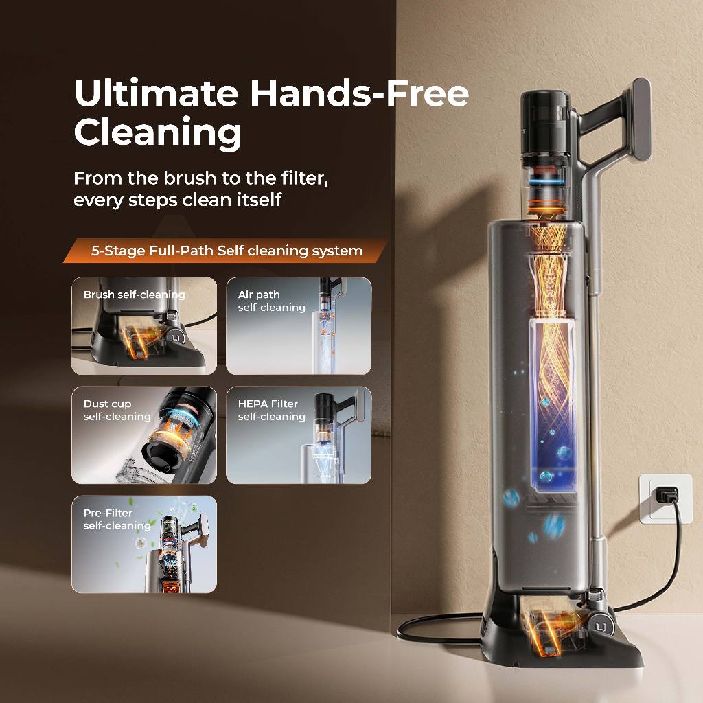Cordless stick vacuum on charging dock, silver body and translucent dust chamber.