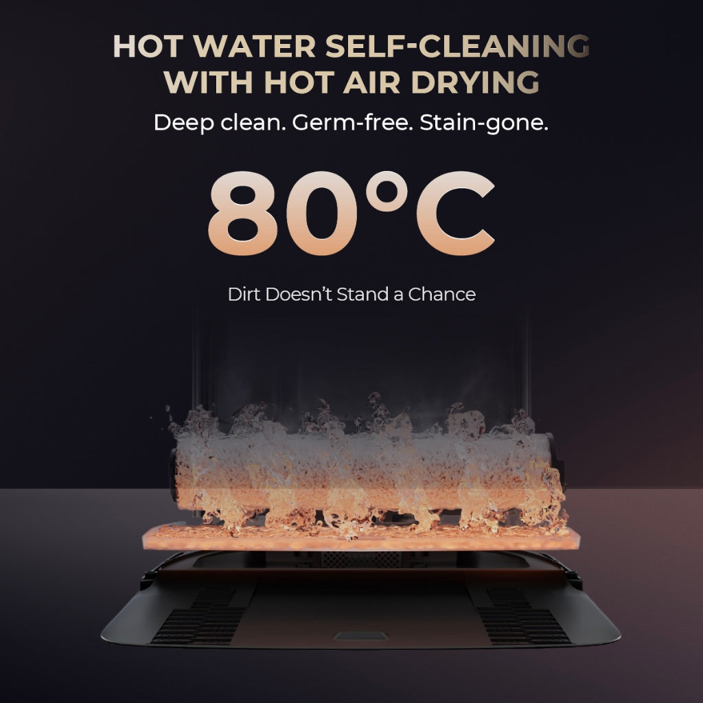Robot vacuum with heated self-cleaning water effect shown from above