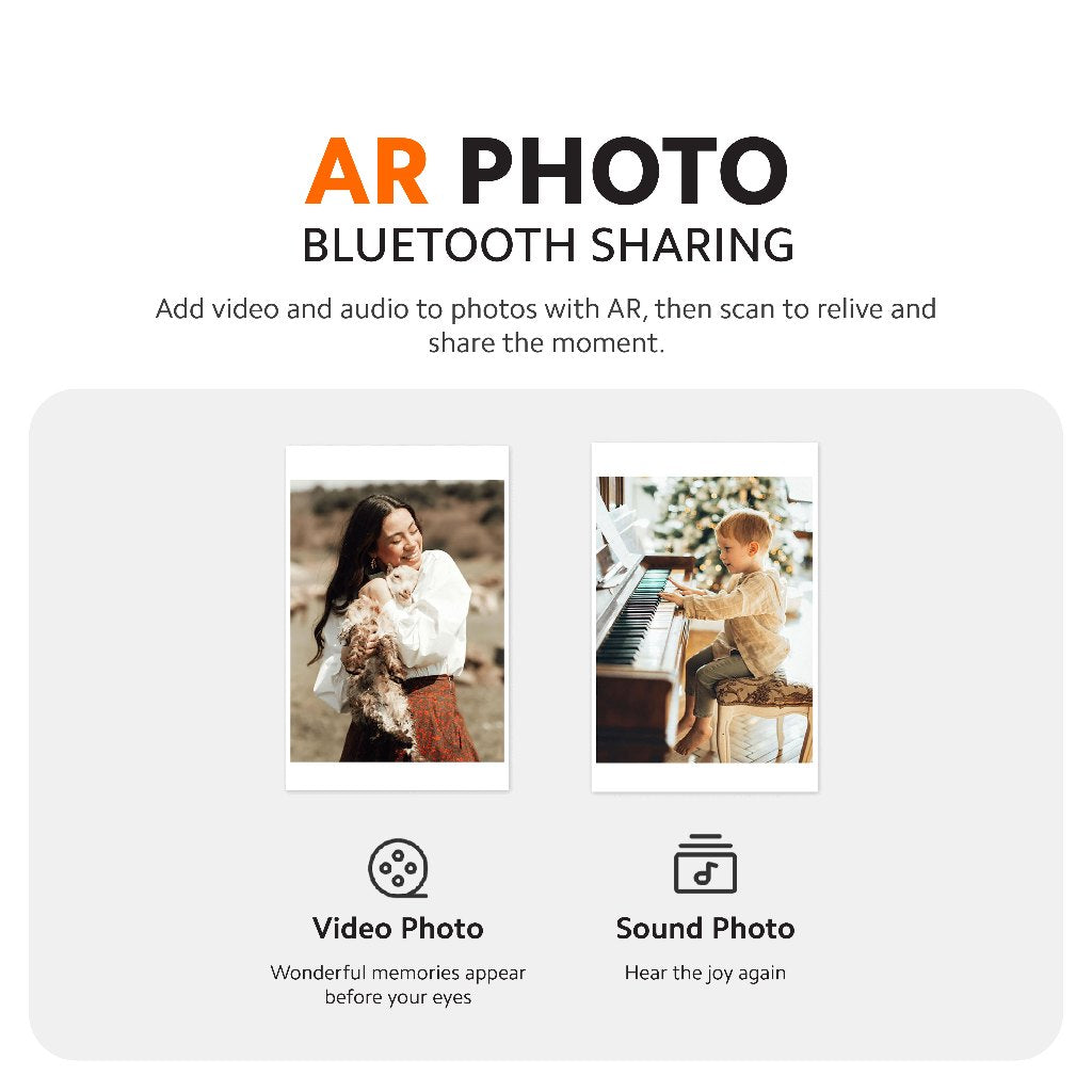 Portable photo printer feature panel showing AR photo Bluetooth sharing icons.