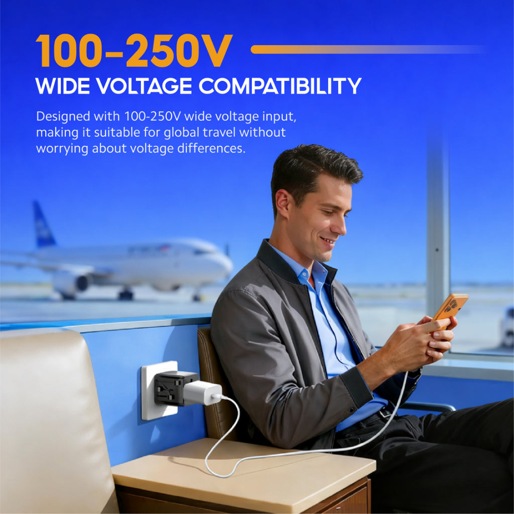 Universal travel adapter for 100–250V wide voltage charging with AC outlet