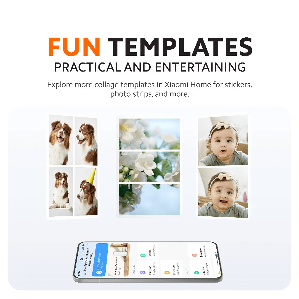 Portable photo printer feature panel with fun collage templates and phone preview.