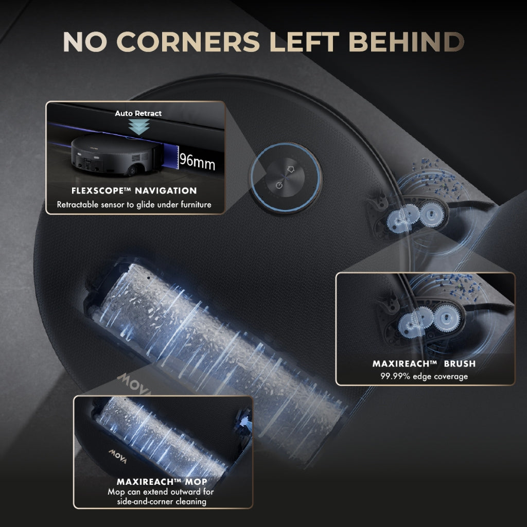 Robot vacuum top view with retractable sensor and edge mop coverage diagram
