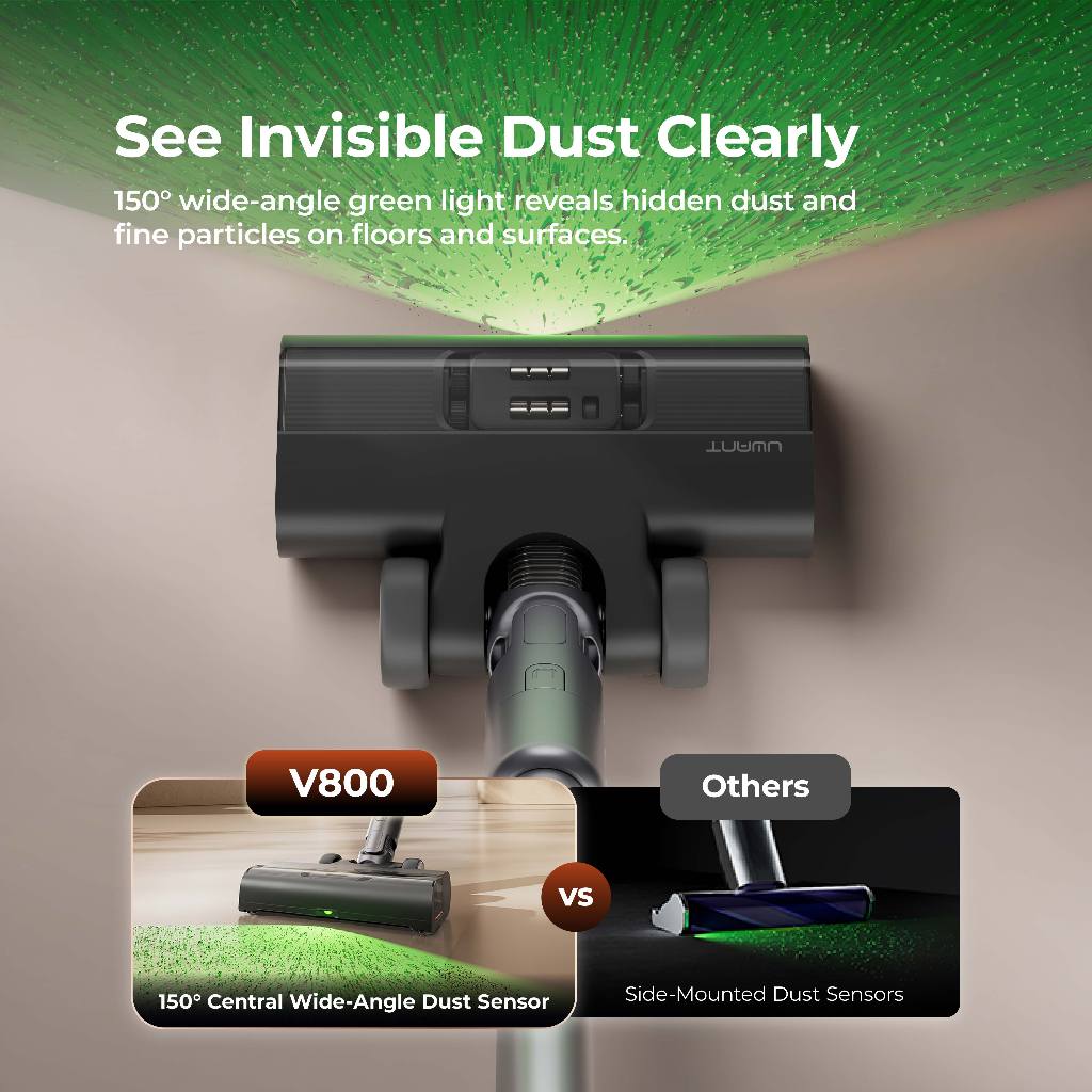 Cordless vacuum dock with floor nozzle and dust-detection window, black and silver.