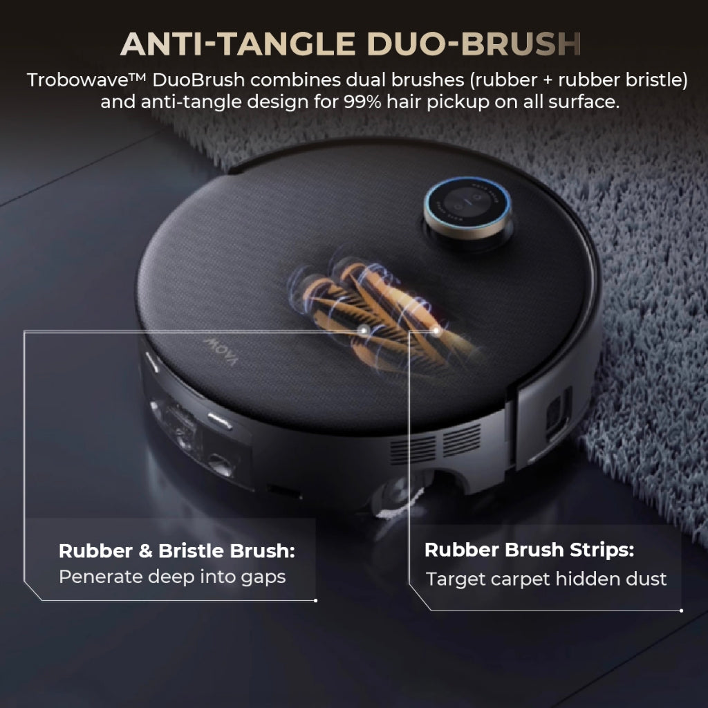 Robot vacuum top view with anti-tangle duo-brush on carpet