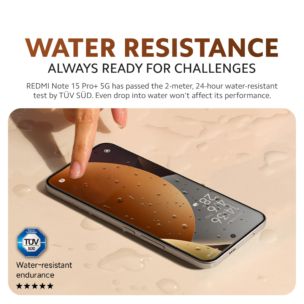 Smartphone with water-resistance droplets on screen and rear, fingers touching display