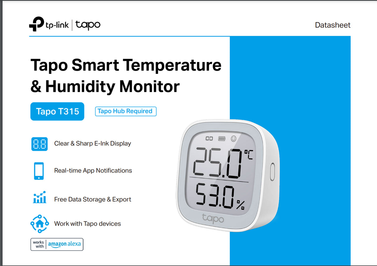 Tapo T315 temperature & humidity monitor with E-ink display showing temperature and humidity