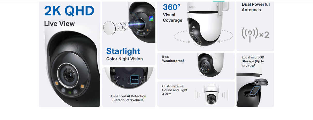 Tapo C520WS Outdoor-Kamera, 2K QHD Live View und 360° Sichtfeld-Grafik